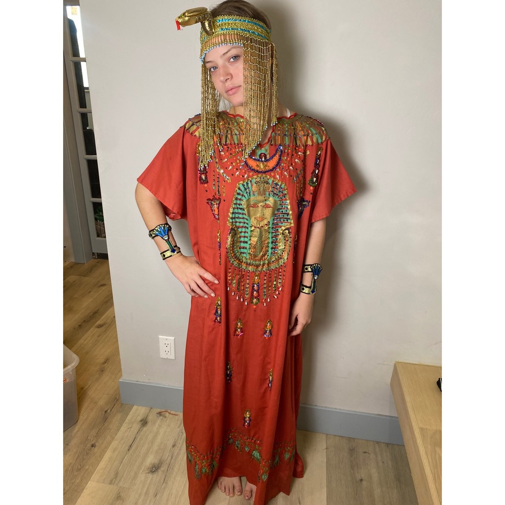 Vintage 80's 90's Egyptian Queen Costume Red Kaftan Beaded Halloween Armband Set